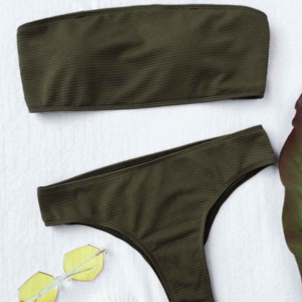 High waisted bandeau olive green bikini set